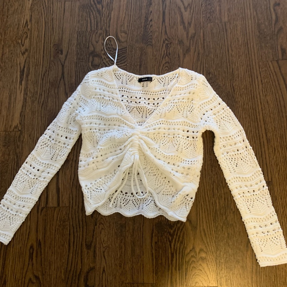 Aqua pointelle white sweater